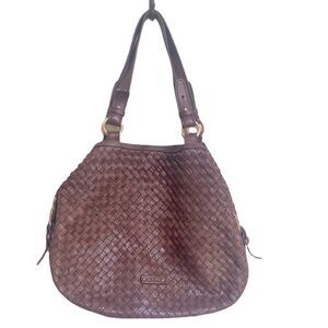 Cole Haan Genevieve Woven Leather Hobo Bag Brown Brass Hardware Shoulder Purse
